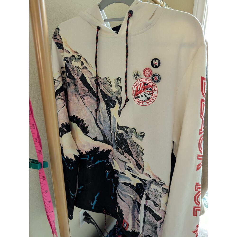 AKOO Snow Business Ski Resort Hoodie Men's Size L Whisper White Mountain Graphic